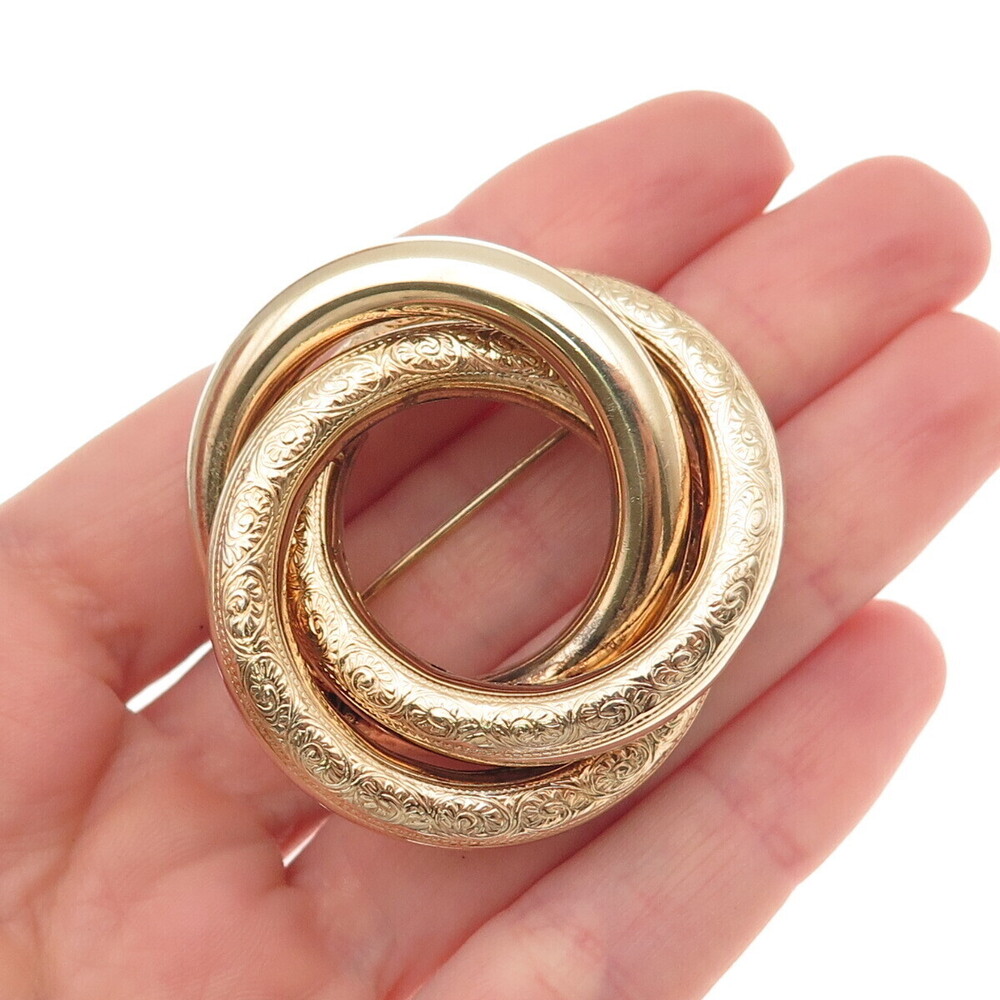925 Sterling Silver Gold Plated Vintage Interlocked Floral Trinity Pin Brooch